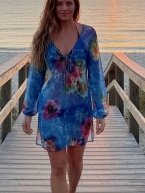 Sheer Blue Floral Tie-Front Cover-Up